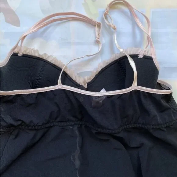 VTG Victoria’s Secret Black Mesh Sheer Babydoll Pink Trim Open FrontSize M - Picture 8 of 13